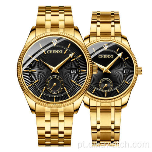 Hot 069 CHENXI All Gold Couple Relógio Moda Simples e Bonito Relógio Calendário de Quartzo